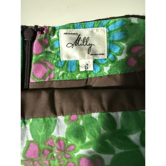 Milly Skirt Womens 6 Brown Textured Jacquard Pockets Gold Button Career Chic - Picture 4 of 8